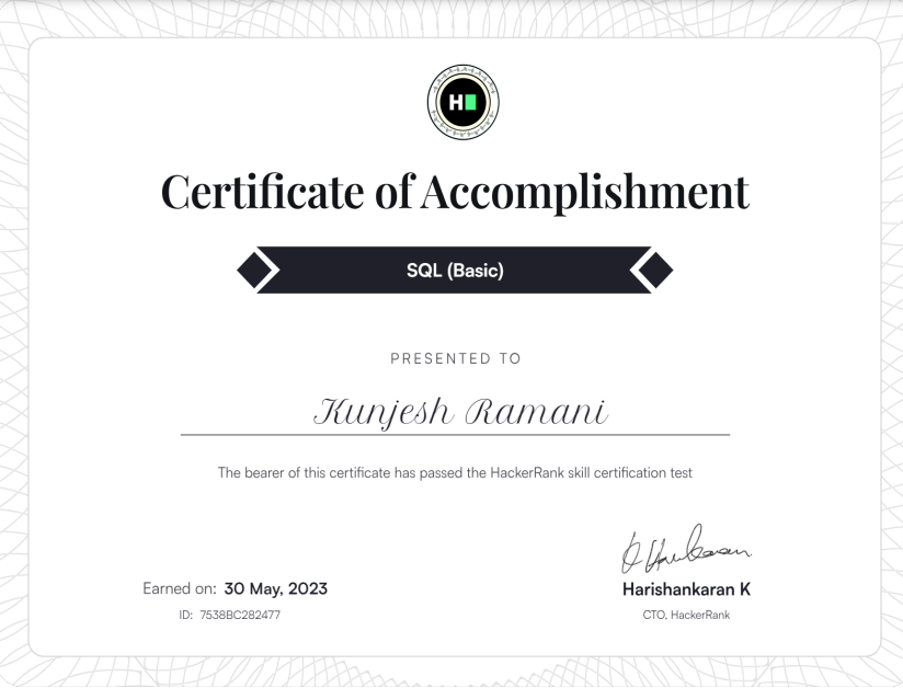 HackerRank SQL Basic Certificate
