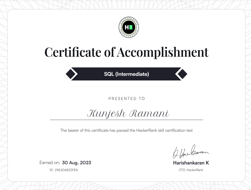 HackerRank SQL Intermediate Certificate