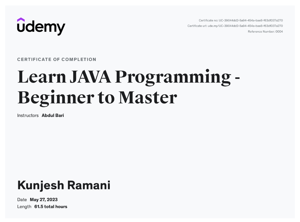 Udemy Java Certificate