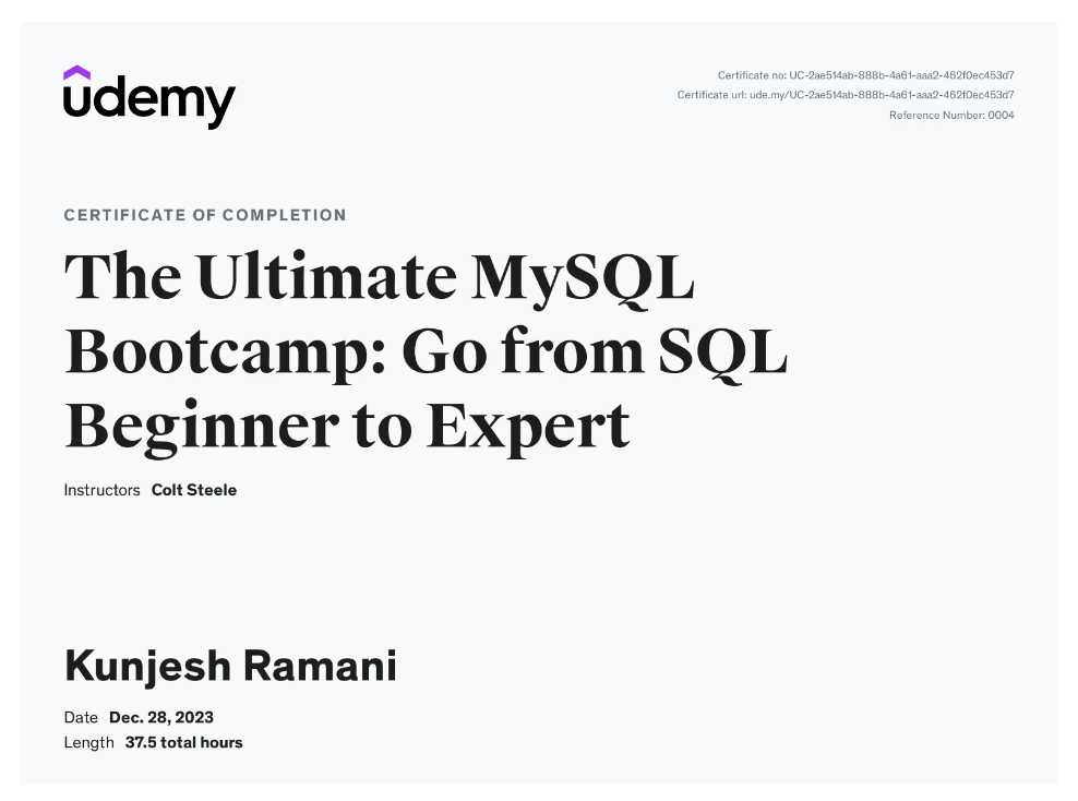 Udemy MySQL Certificate