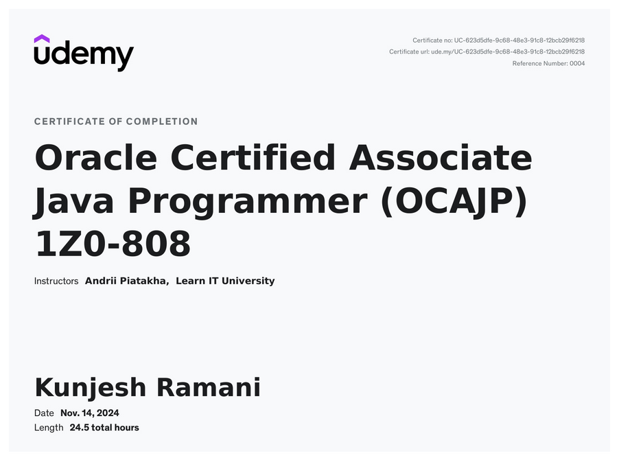Udemy Java Associate Certificate